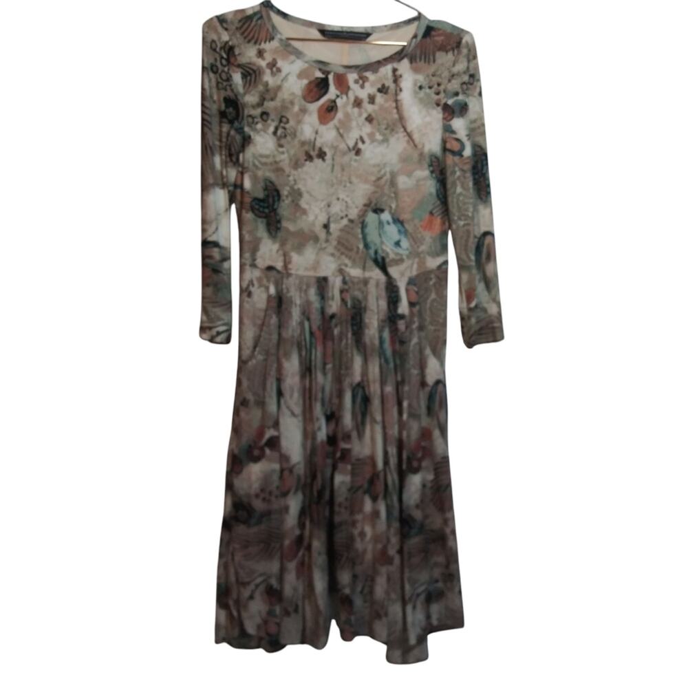 Peruvian Connection Painterly Floral Feather Bird Print Long Sleeve Dress Sz XS